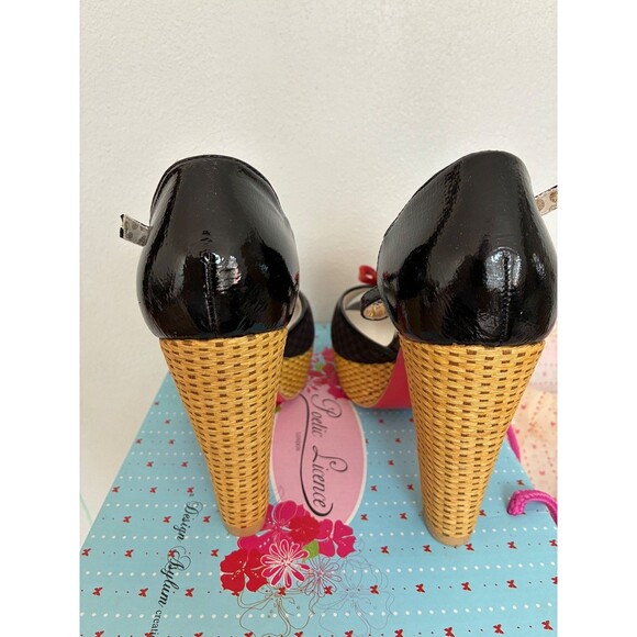 POETIC LICENSE London Quirky black gingham straw peep toe ankle strap heels 8.5M - Picture 6 of 7